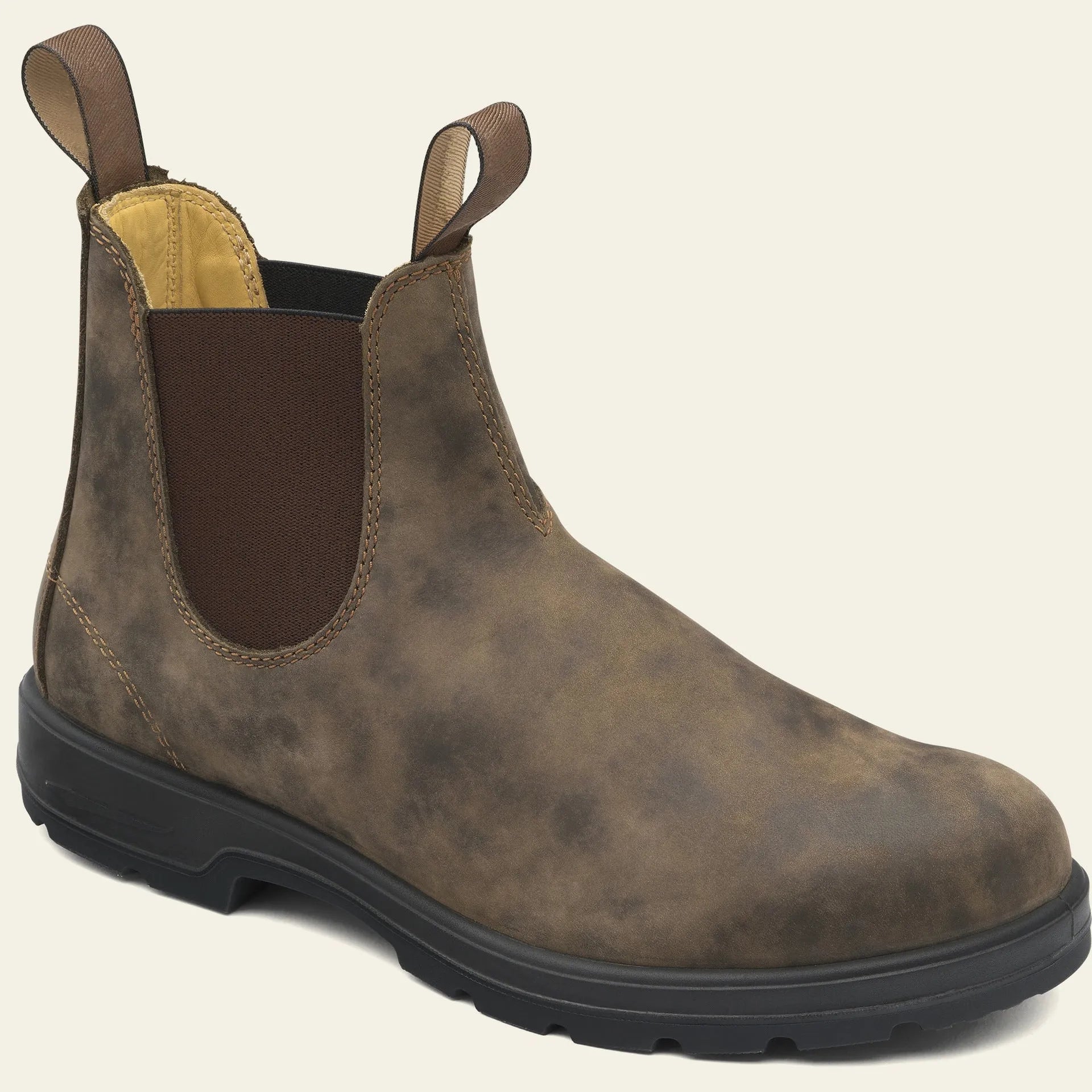 A pair of vintage-style unisex Chelsea boots in artificial PU leather with a beef tendon sole