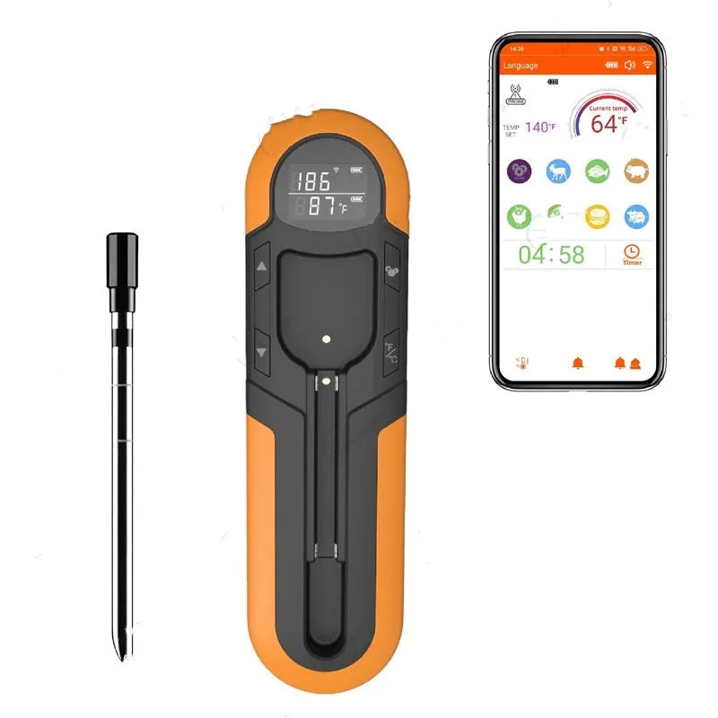 Bluetooth barbecue thermometer in blue with magnetic back and temperature display