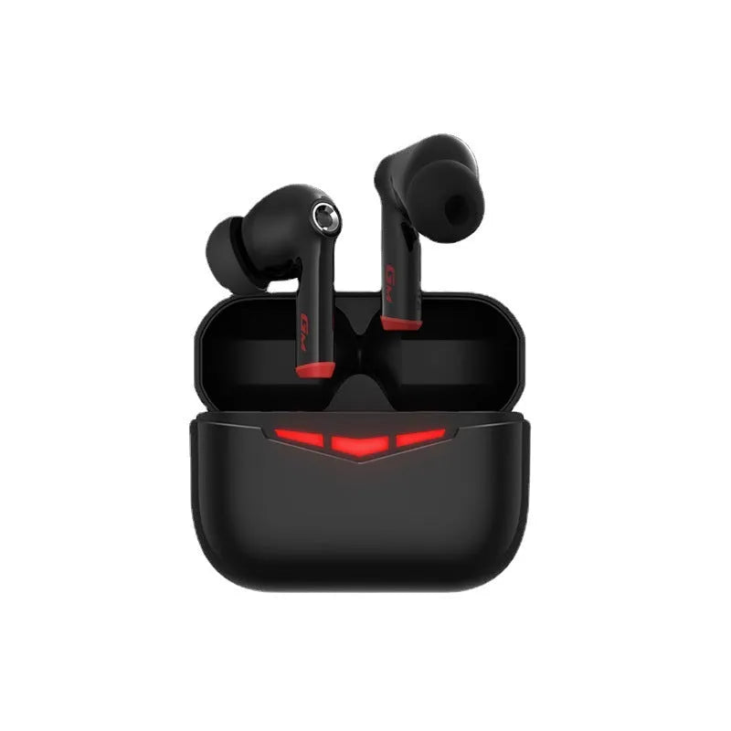 True wireless Bluetooth gaming in-ear headphones with charging case in black, pink, white, or grey.