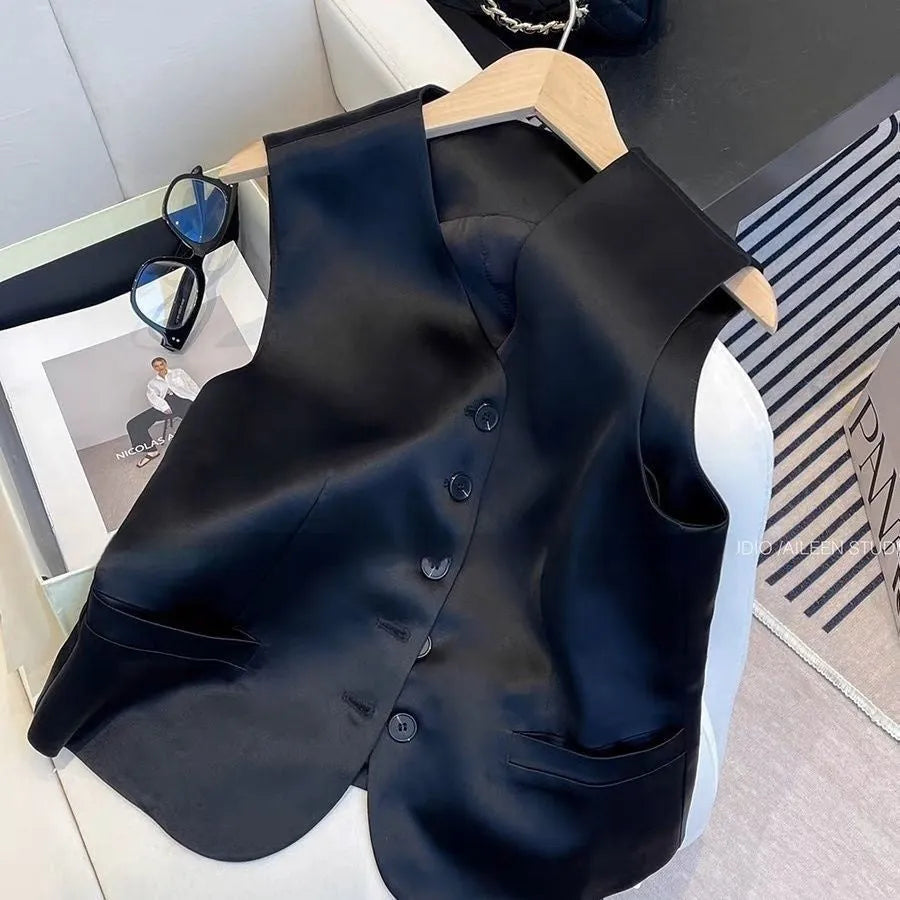 Black satin women's sleeveless vest with splicing detailing and loose fit