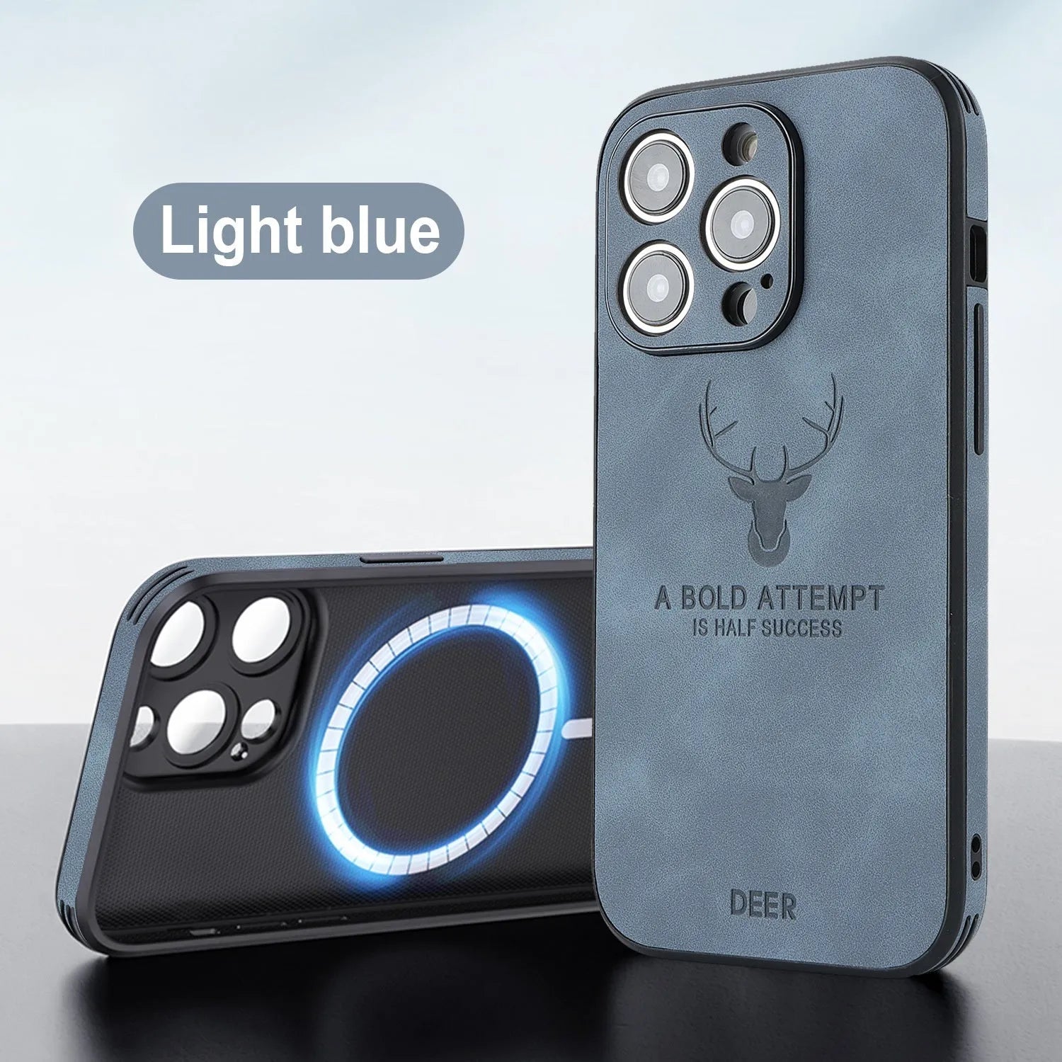 iPhone 16 series magnetic charging phone case with embossed brown moose head design on imitation leather.