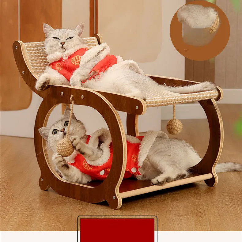 Solid wood cat scratching post bed with sisal surface in walnut colour