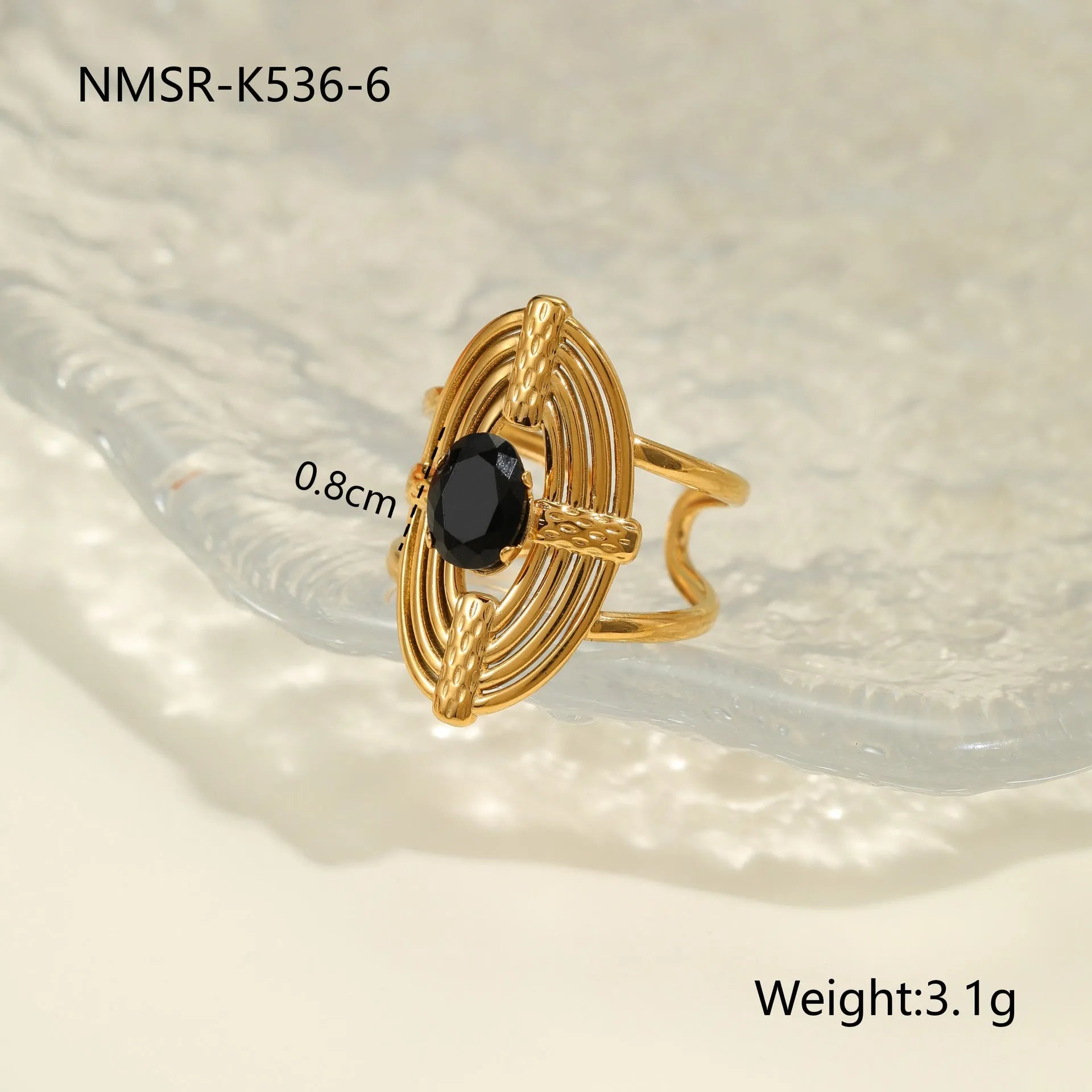 Open mouth adjustable titanium steel ring with geometric design and inlaid zircon details