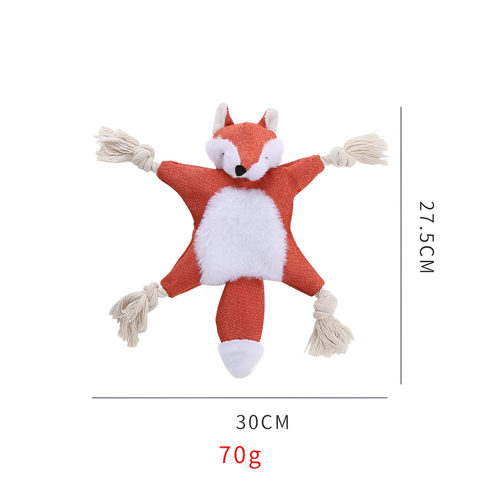 Brown plush fox dog toy with embroidered eyes, rope arms, and a squeaker in its head.