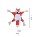 Brown plush fox dog toy with embroidered eyes, rope arms, and a squeaker in its head.
