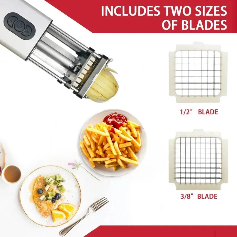 Electric French fry cutter stainless steel with two blades and black body, cutting potatoes and carrots.