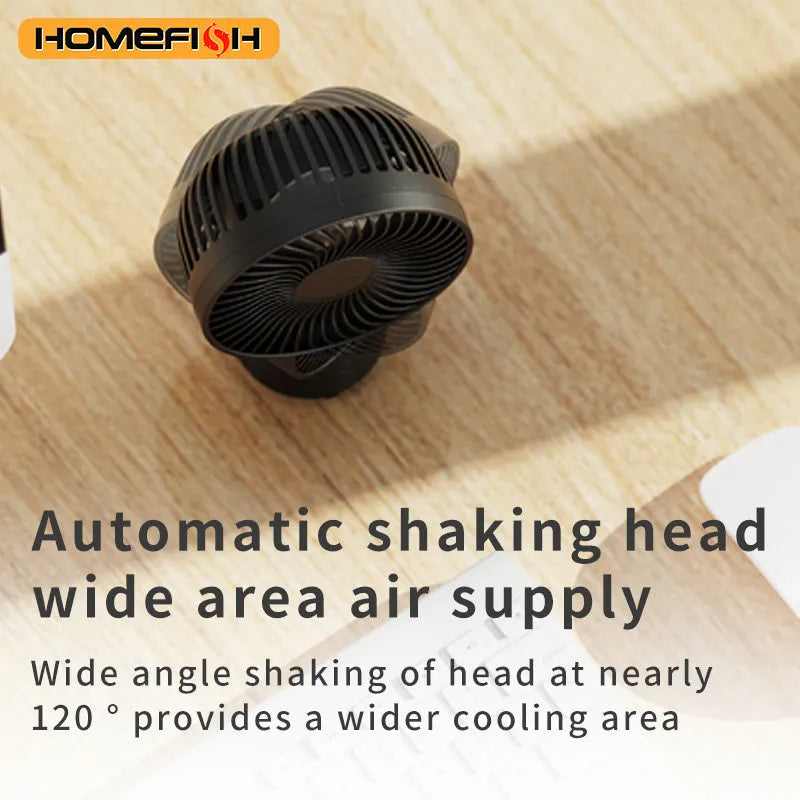 HOMEFISH F2 portable fan with automatic head shake, LED light, and removable mounting bracket.