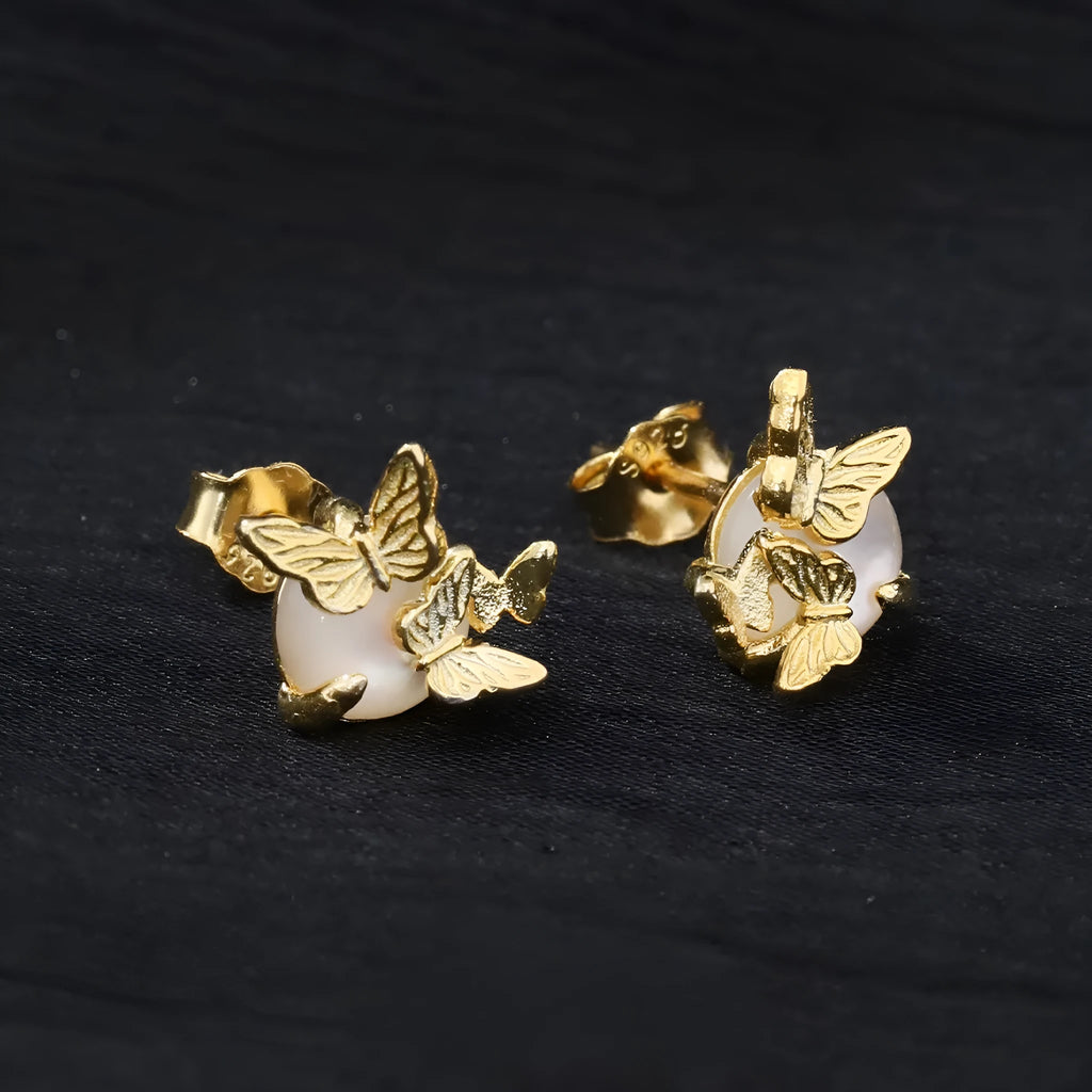 Women's 925 silver butterfly ear studs with electroplated gold or white gold colour finishes