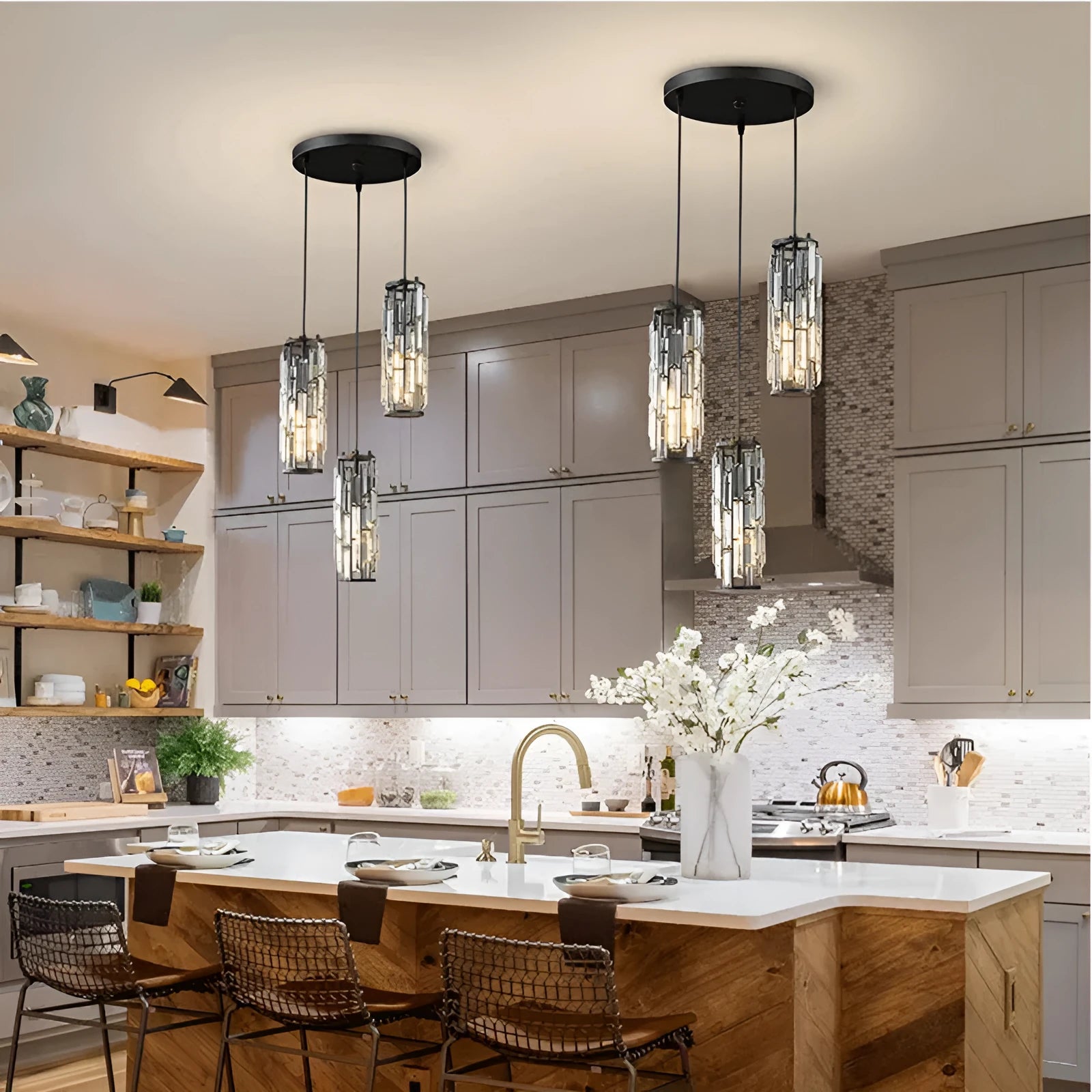 Black single head LED droplight with clear crystal lighting element in American industrial style