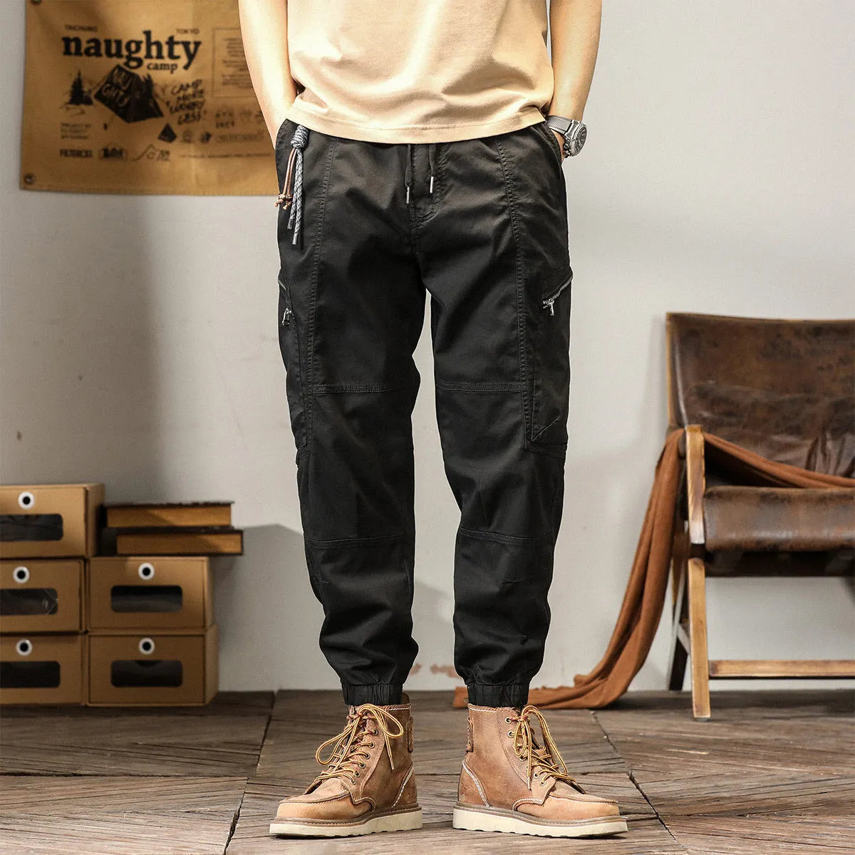 Men's cotton harem pants with tapered ankle bands in khaki, peacock green, coffee, or black colours