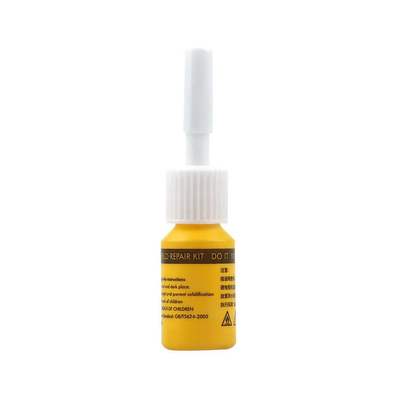 Yellow three-piece car windscreen repair tool set with glass repair liquid