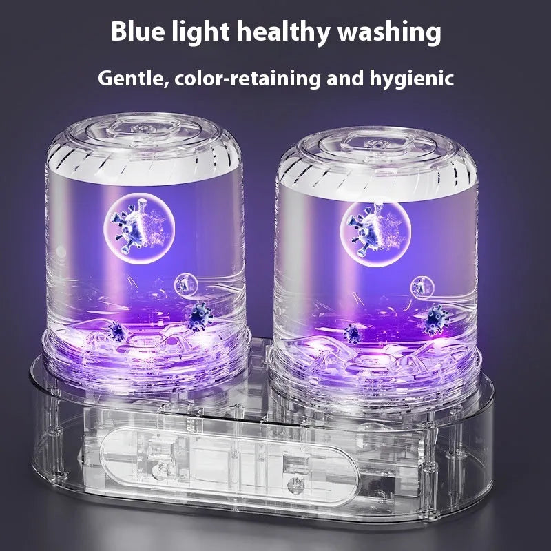 White USB-powered mini portable washing machine with two wash buckets for underwear and socks.