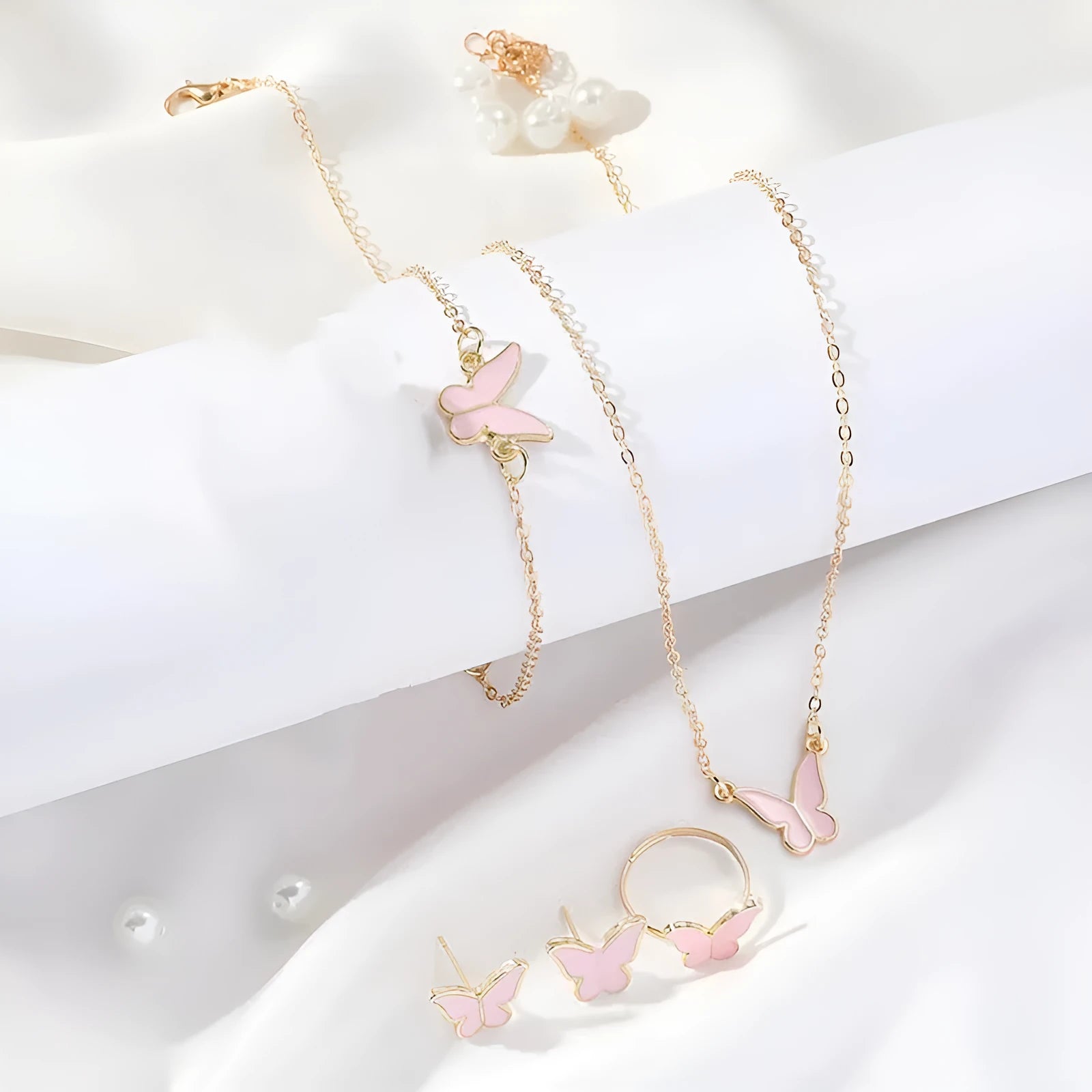 Five-piece butterfly pendant jewellery set for women including necklace earrings ring bracelet in black alloy electroplated finish