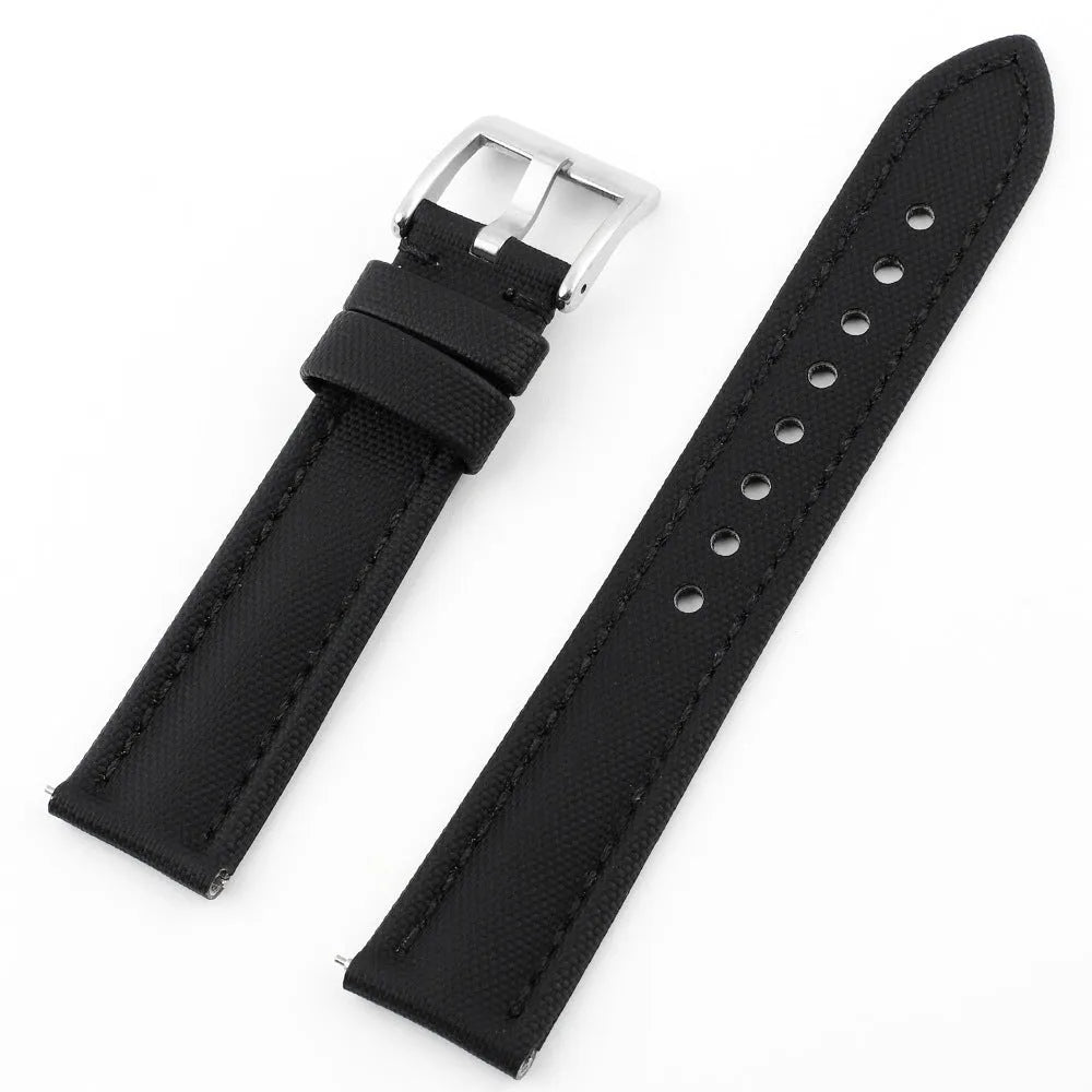 Oxford water-repellent cloth leather watch strap in beige with stitch detail on white background