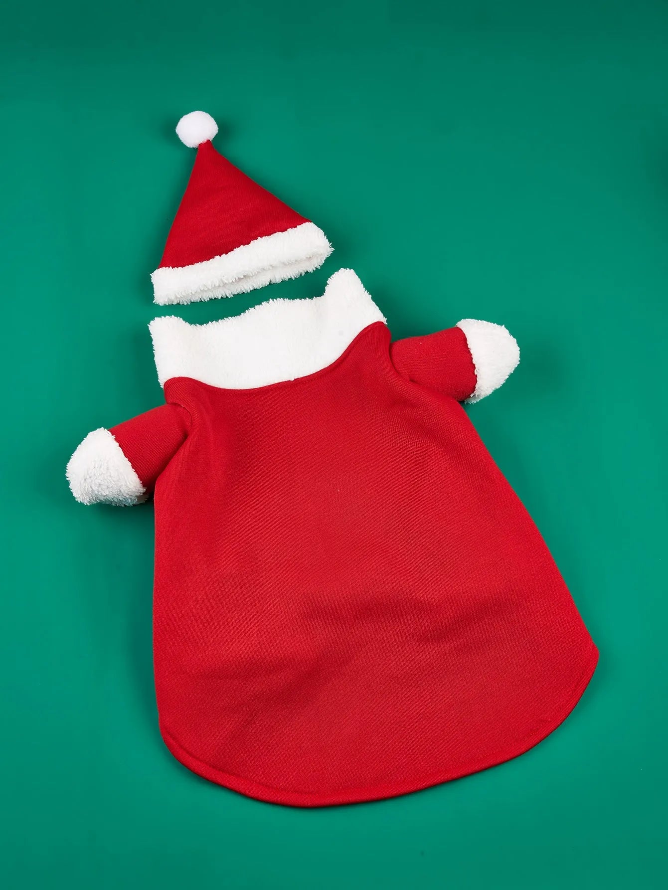 Red Christmas pet dog costume with polyester fabric and matching cap, size medium