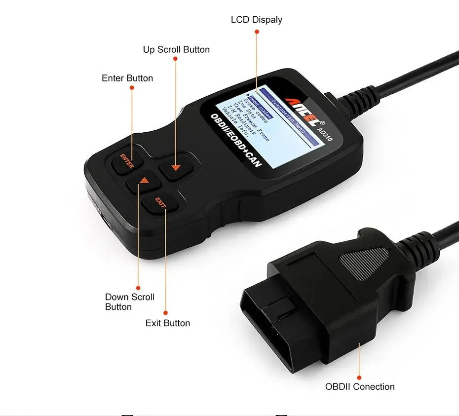 Black universal auto scanner code reader for OBD2 engine fault detection with 12V power supply