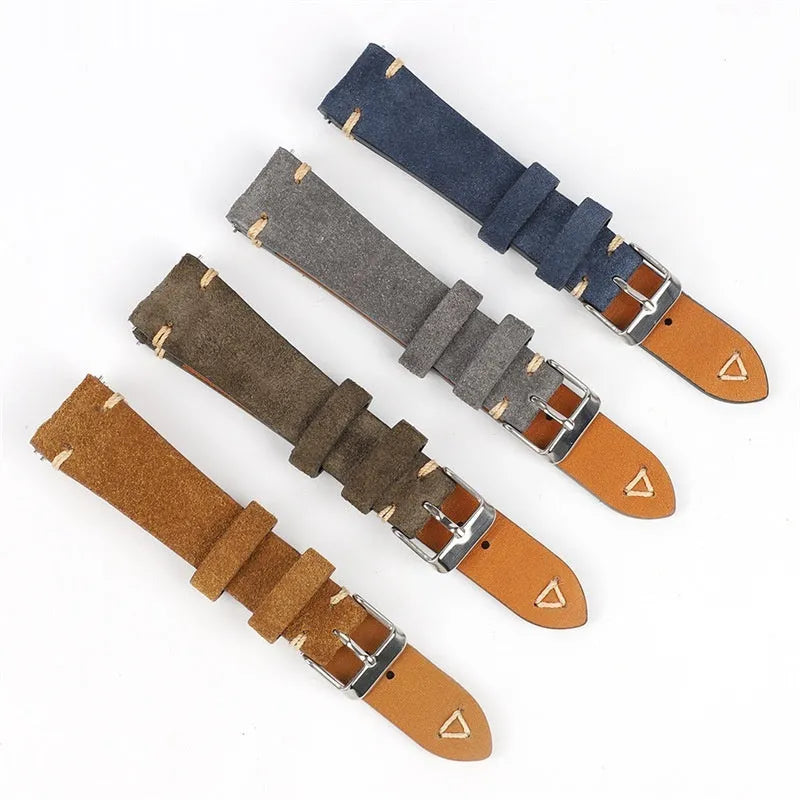 Small waist genuine suede leather watch strap showing brown, blue, gray and army green colour options