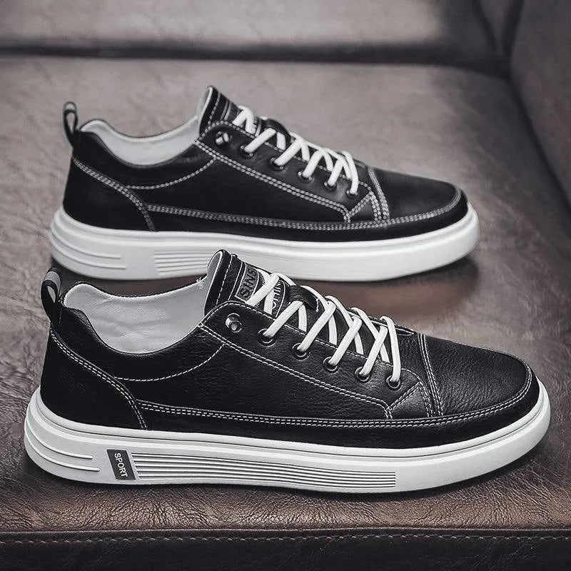 Men's white casual PU shoes with round toe, flat bottom, and low heel on a plain background.