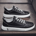 Men's white casual PU shoes with round toe, flat bottom, and low heel on a plain background.