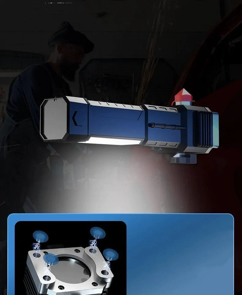 Silver plastic LED torch with integrated power bank, shown with USB port for charging devices.