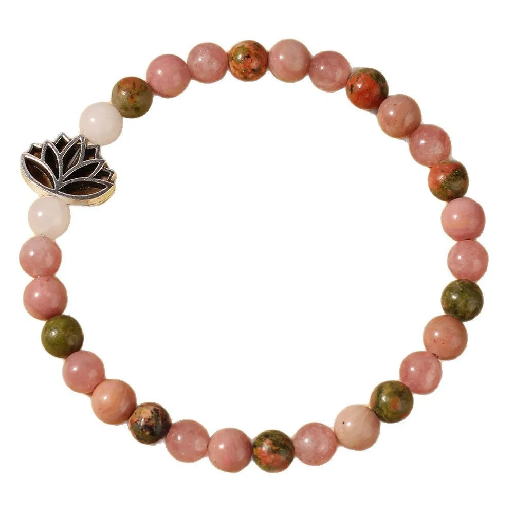 Handmade natural rhodonite stone bead seven-pulse lotus bracelet in French retro bohemian style, colour L1381