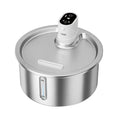 Stainless steel pet water fountain with digital heating base control, in black or white.