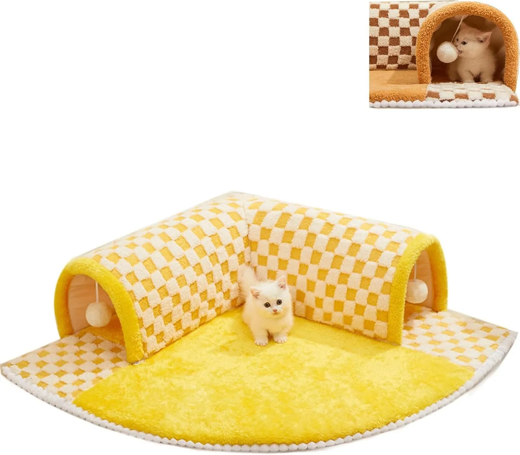 Brown plaid collapsible cat tunnel bed with a central mat on a wooden floor.