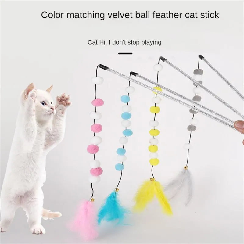 Grey, yellow and blue cat teaser rod with bell and feather attachment, 31cm long