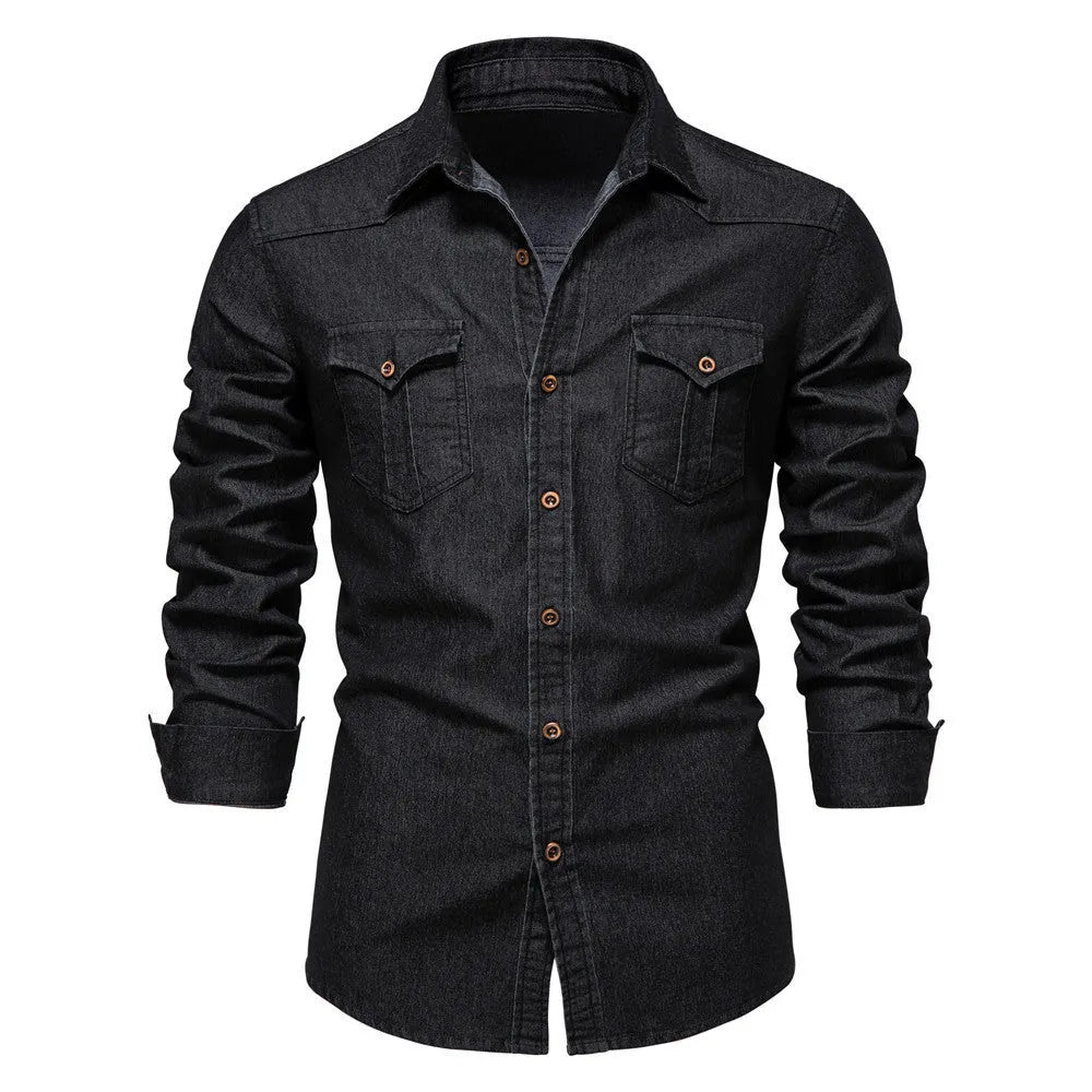 Men's long-sleeved slim fit denim shirt in solid colour cotton casual top