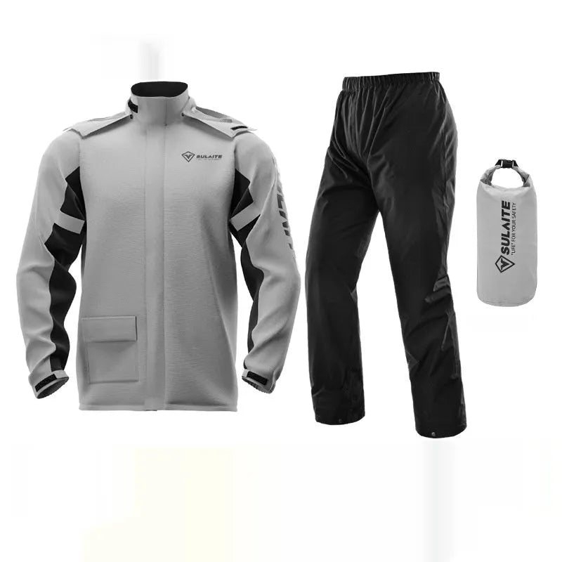Adult motorcycle rain suit set with raincoat, rain pants, hidden shoe covers, and storage bag