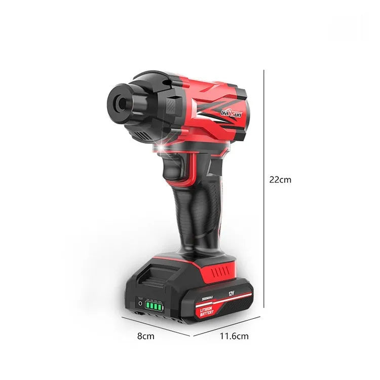 Red and black portable car wireless air pump with digital display, nozzles, and power cables.