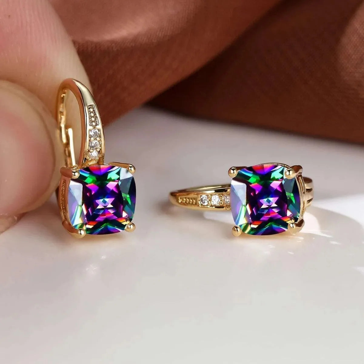 Geometric square colourful moissanite ear clips with electroplated copper construction