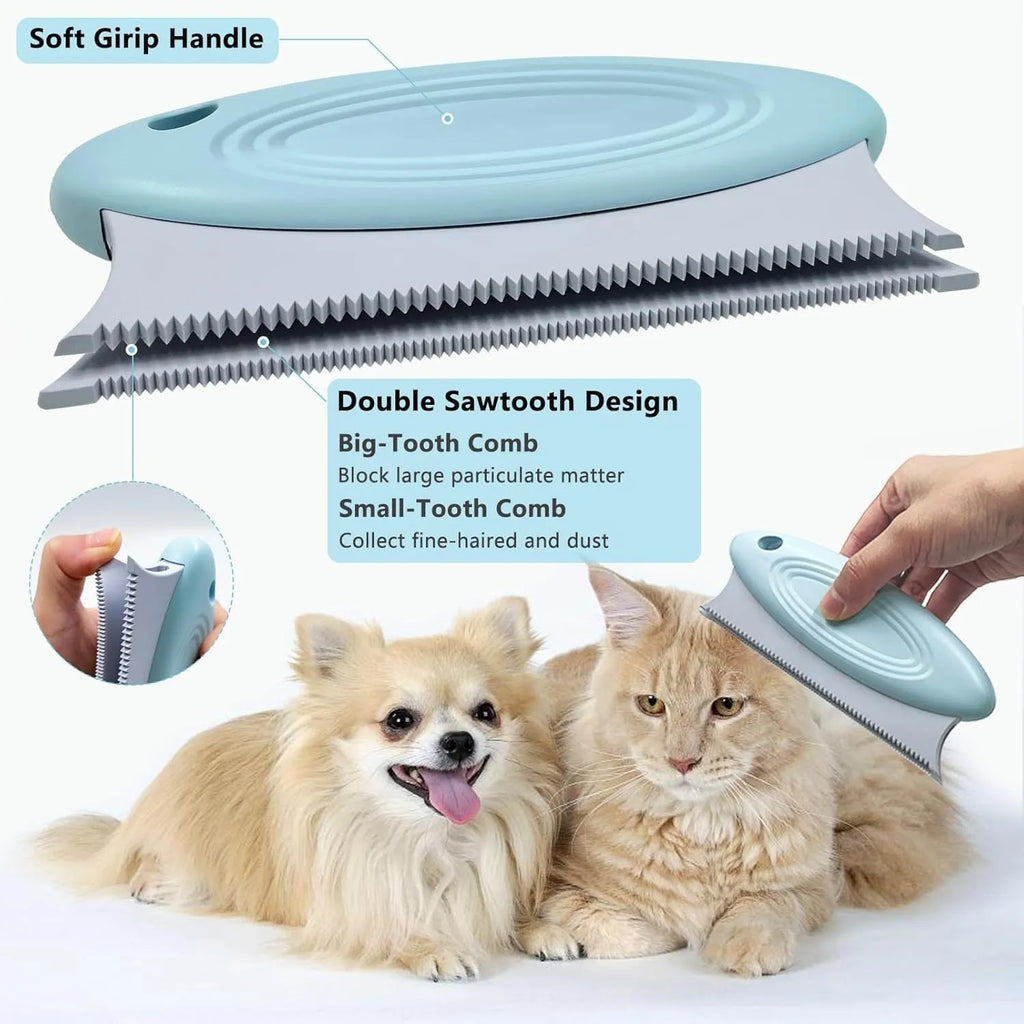 Three-piece pet hair remover set with metal scraper, silicone brush, and round cleaner for removing hair