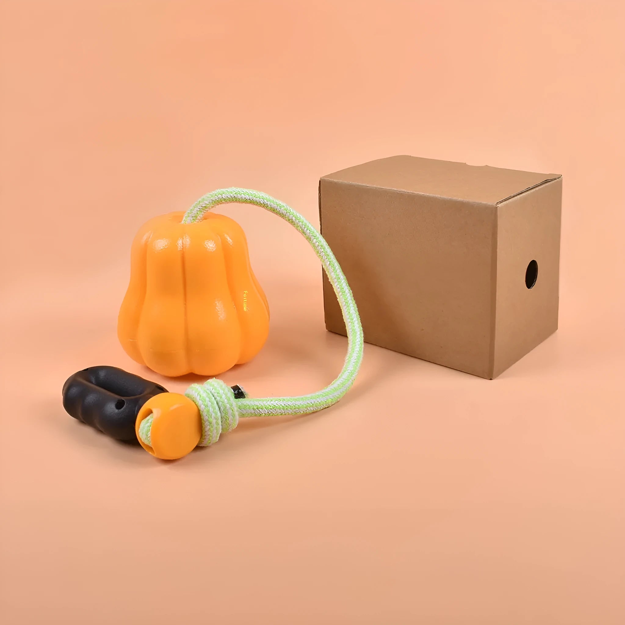 Bite Molar orange plastic pumpkin dog toy with rope attached for outdoor chewing and fetch games