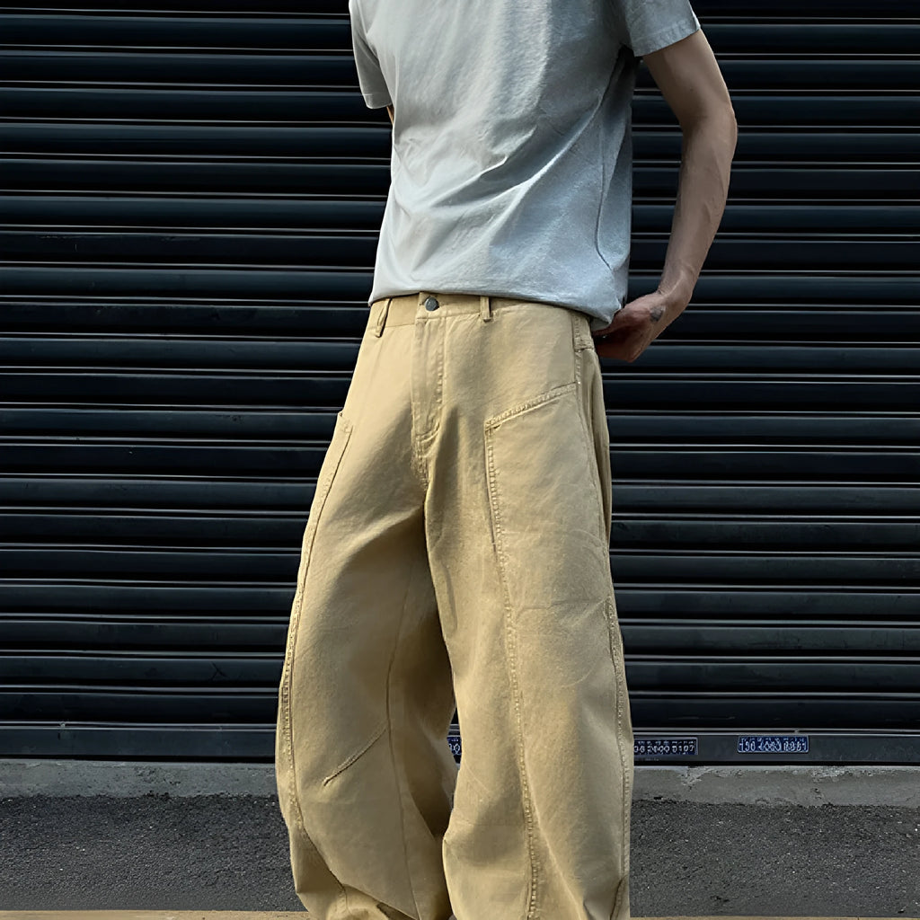 Men's khaki cotton straight-leg trousers showing American retro styling and solid colour
