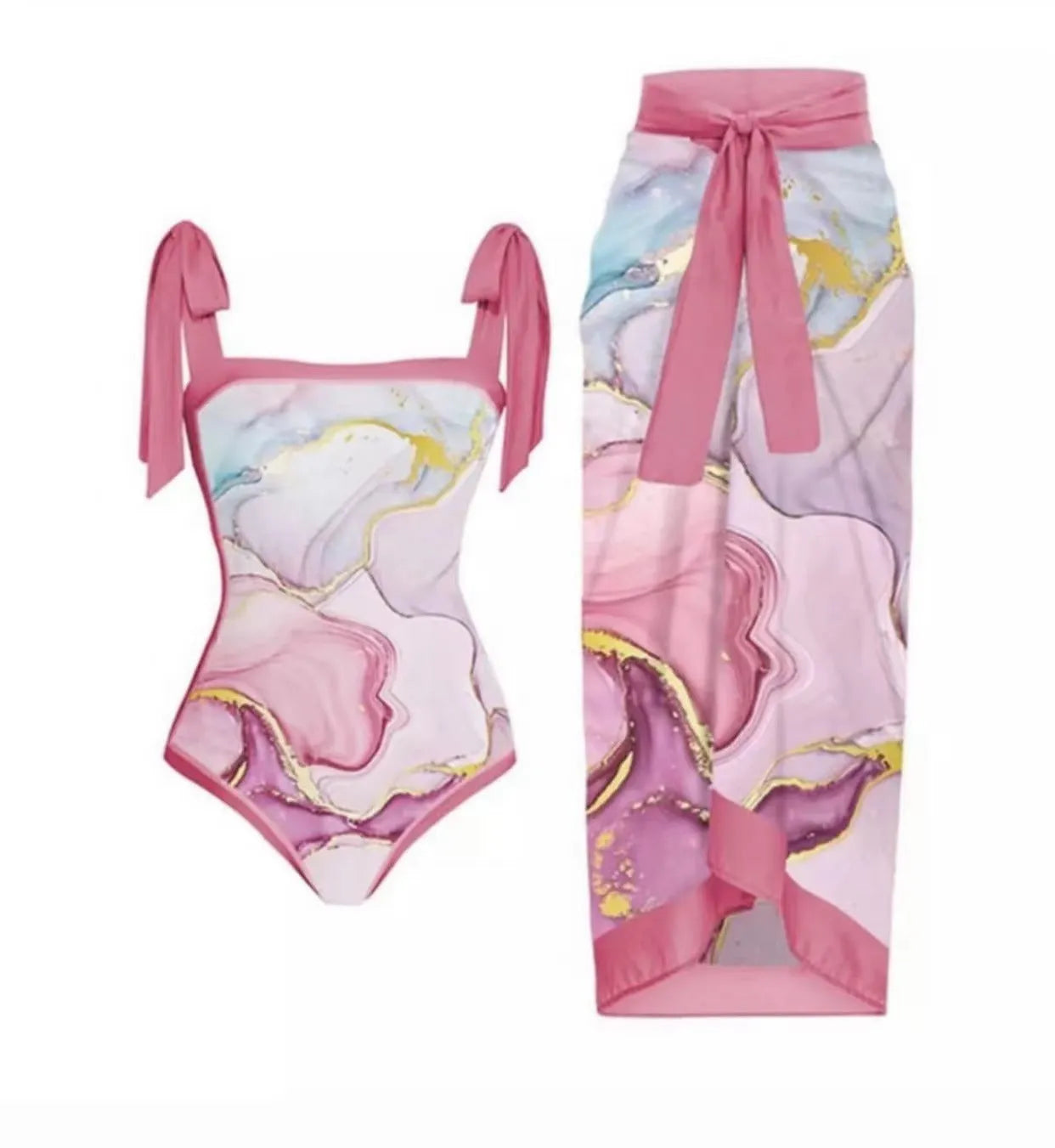 Women's retro one-piece swimsuit with chiffon skirt in floral pattern