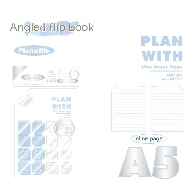 Oblique Angle Book series artsy notebook in A5 and B5 sizes with plaid blue or white covers.