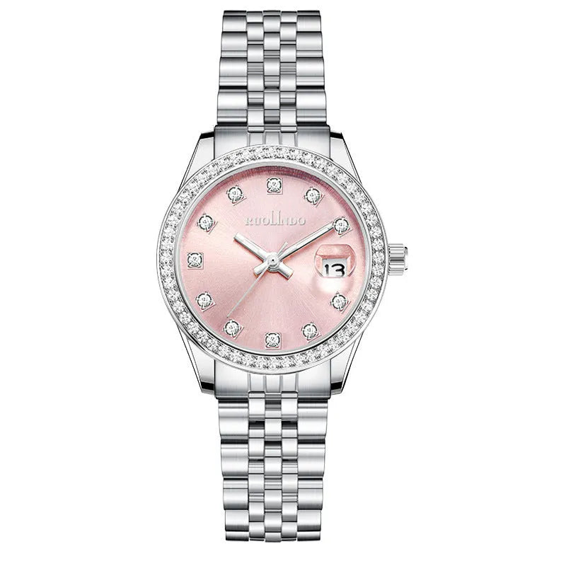 Women's silver calendar watch with circular 32mm dial and stainless steel folding buckle