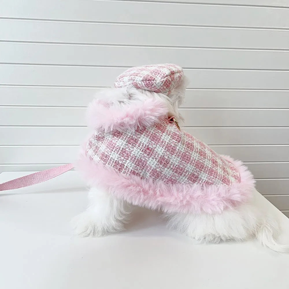 Pink polyester cat costume with beret and cloak outfit for female cats