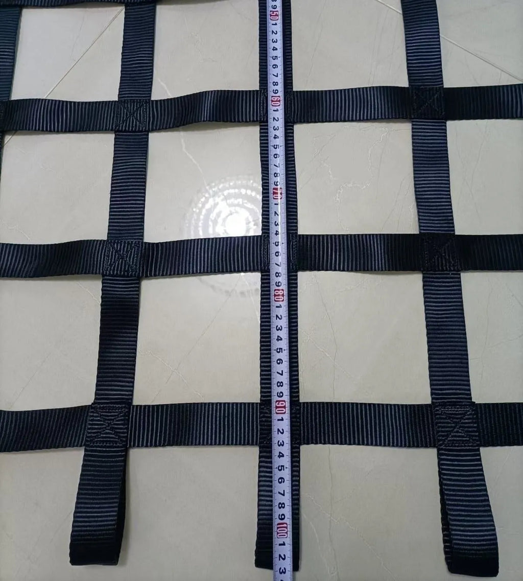 Black polyester ribbon children's climbing net with 1.5 inch wide straps and 5 inch mesh openings