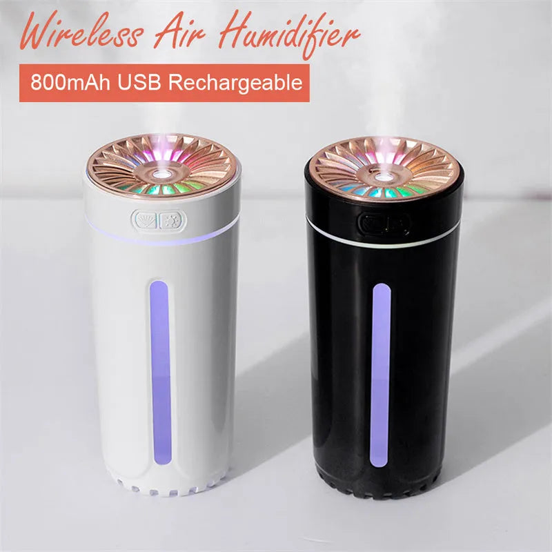 Wireless air humidifier with colorful lights, 69x69x125mm, black 9301A rechargeable model in car cup holder