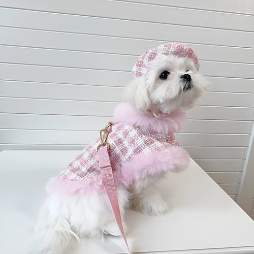 Pink polyester cat costume with beret and cloak outfit for female cats