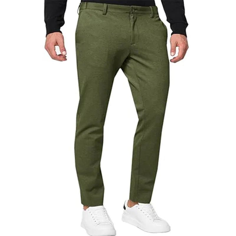 Men's slim-fit tapered chino pants in Army Green colour, showing pleated front and zipper fly detail.