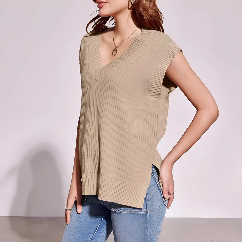 Camel and white V-neck sleeveless pullover vest showing striped and plaid pattern options
