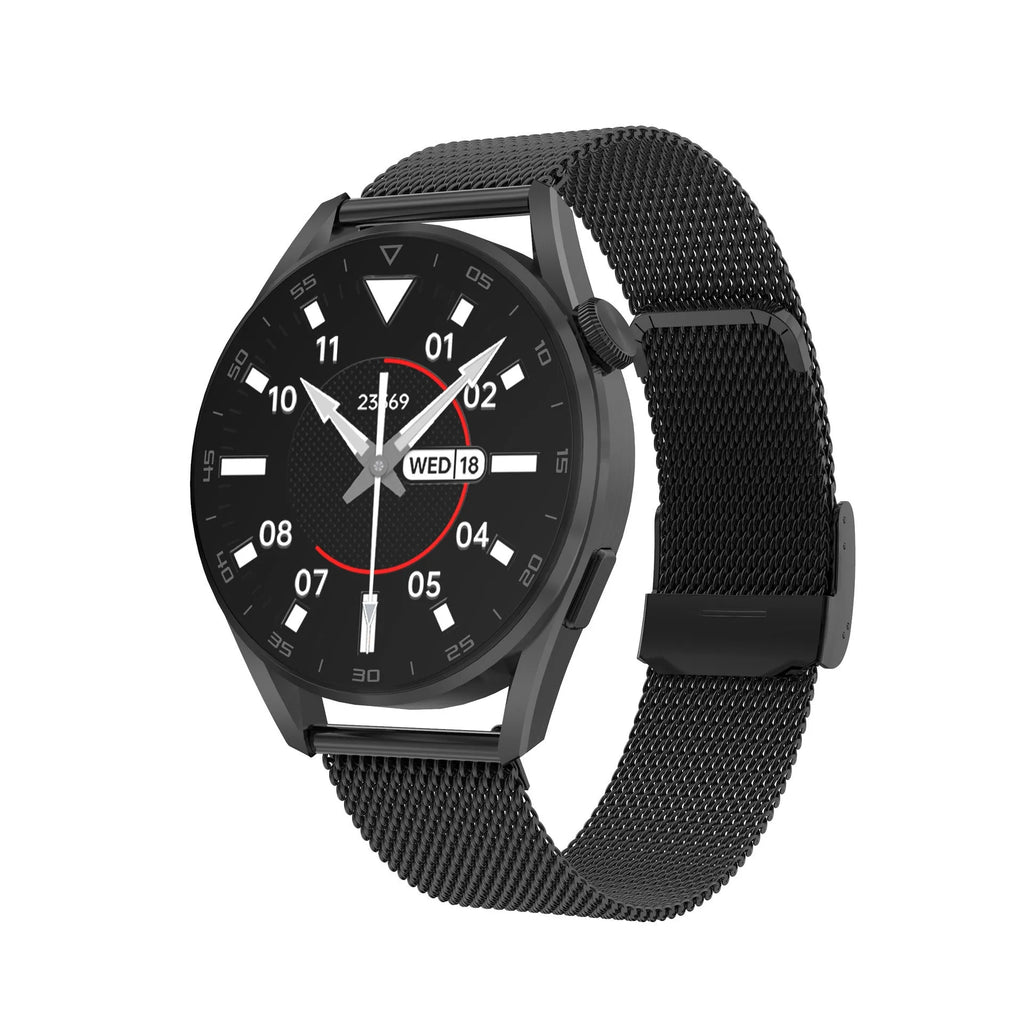 Bluetooth smart watch with metal wristband showing 1.3-inch IPS touch screen displaying call and QR code functions