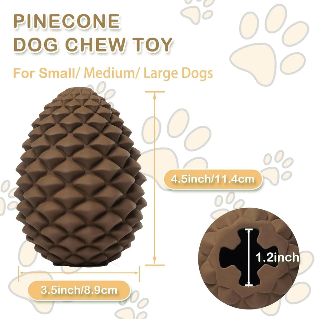 Yellow pine cone shaped natural rubber dog chew toy with treat dispenser hole