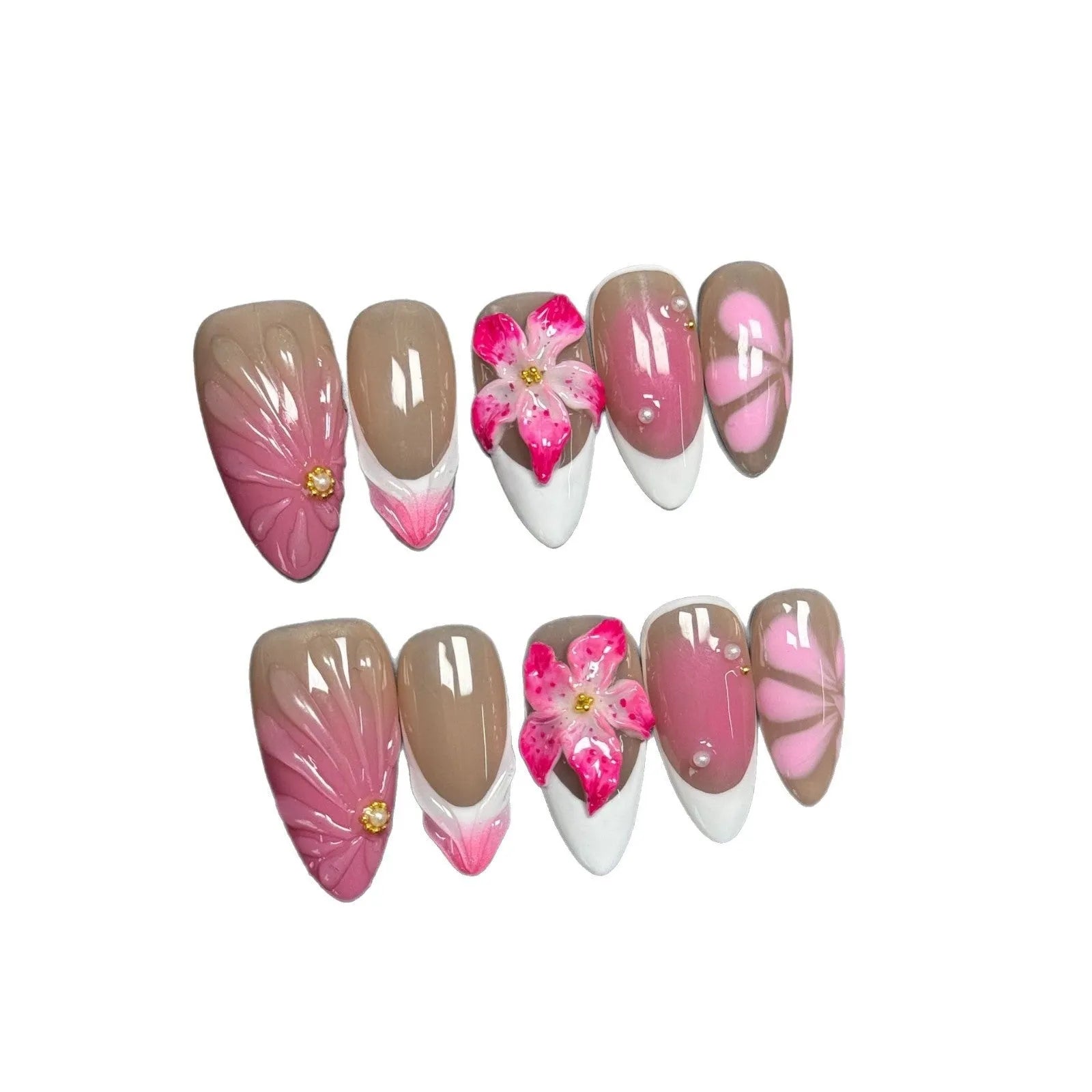 French style lily fluid ice flower three-dimensional plastic nail art tips with almond wearable design