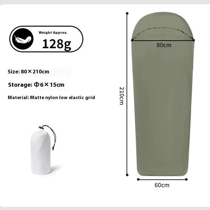 Blue or green nylon camping sleeping bag with mummy-style construction for adult outdoor use