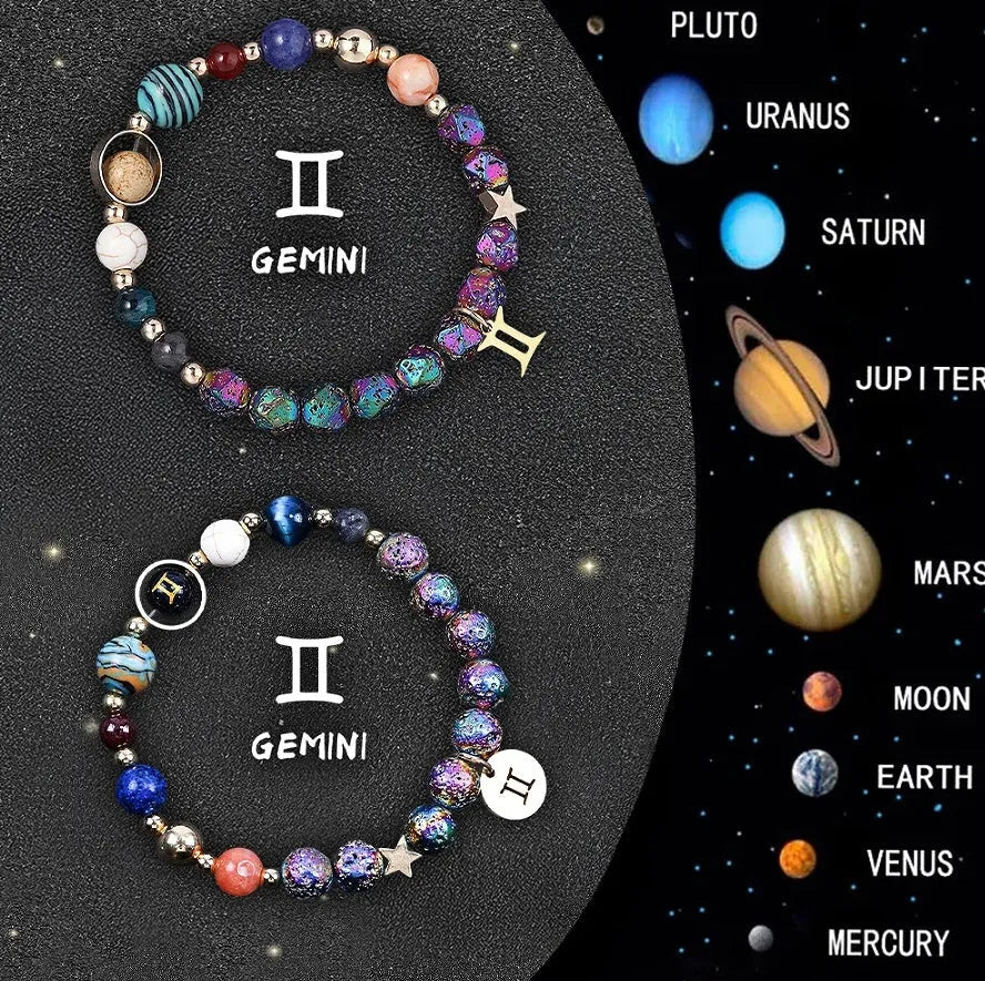 Two natural stone beaded bracelets showing different zodiac sign charms on an adjustable cord.