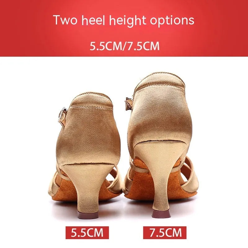 Latin dance high heel shoes with real silk upper, leather sole, and soft bottom in black, brown, and skin colour, 5.5cm and 7.5cm heel